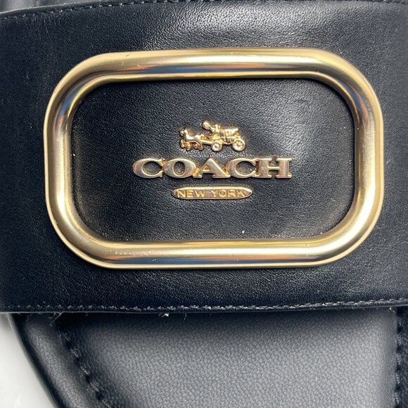 Coach Evy Black Leather Slide Sandals Gold Logo Plaque Women’s 9B Slip with Box - Picture 10 of 13
